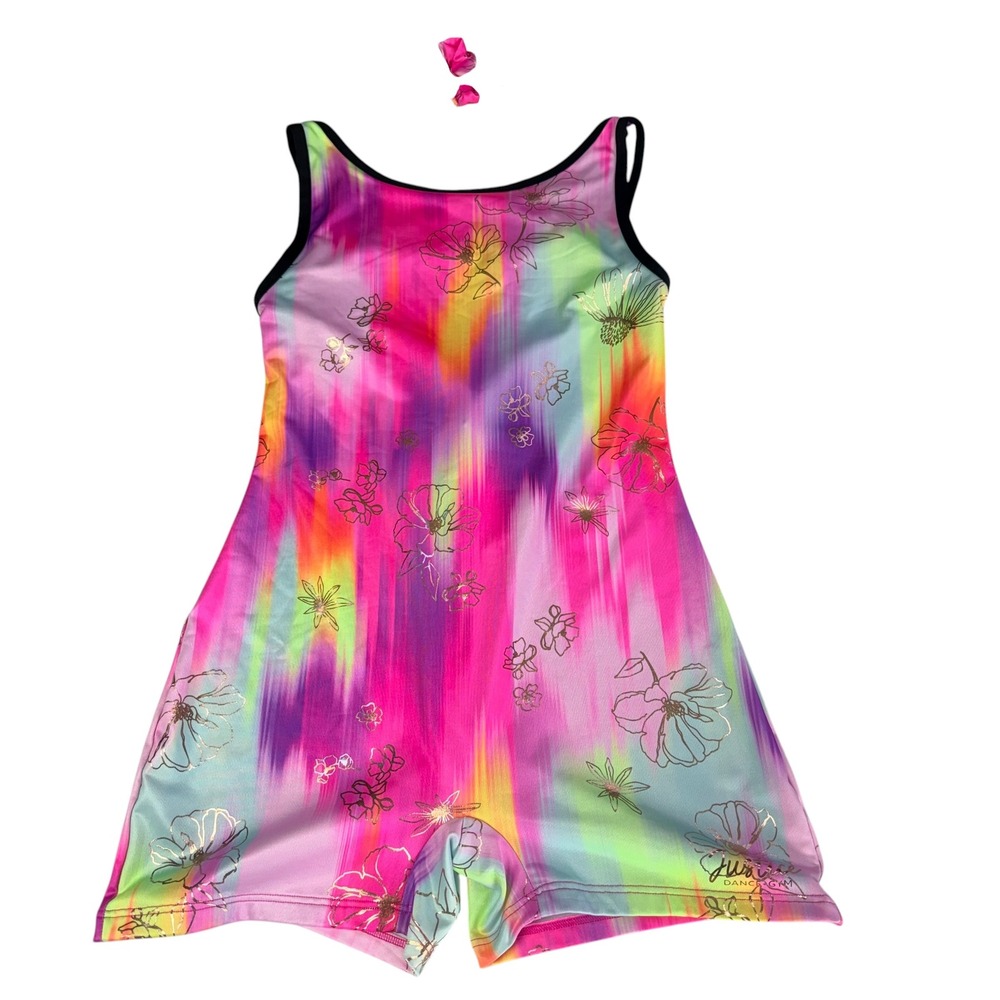 Justice Dance Gym Youth XL Tie Dye Vibrant Floral Leotard Unitard with Scrunchie
